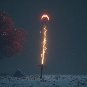 A glowing lightning sword standing in a snowy field under a dark night sky with a crescent