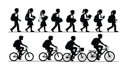Naklejka premium Silhouettes of students walking and cycling to school with backpacks, ready for education