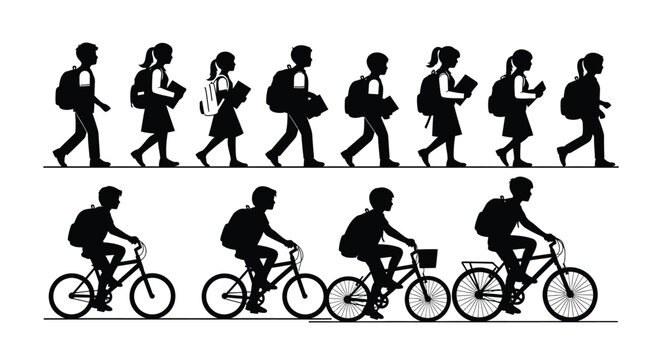 Silhouettes of students walking and cycling to school with backpacks, ready for education
