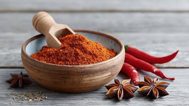 Wooden bowl holds vibrant red spice powder. Wooden scoop rests inside the bowl. Fresh red chili peppers lie beside the bowl