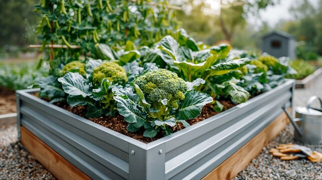Lush broccoli grows in raised garden bed. Green leaves and stems fill metal planter. Sunlight bathes vibrant vegetable patch
