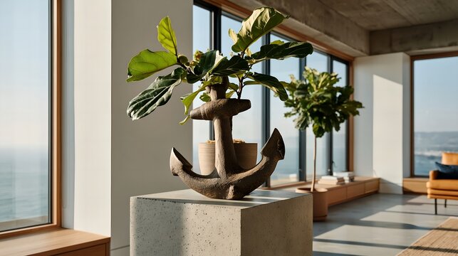 Rustic anchor holds potted fiddle leaf fig plant. Sunlit room features minimalist design. Large windows frame ocean view.