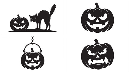 Obraz premium Halloween pumpkins, jack-o-lanterns, black silhouettes, cat, spooky icons, 4 designs