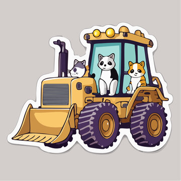 Cute cartoon cats driving a yellow bulldozer