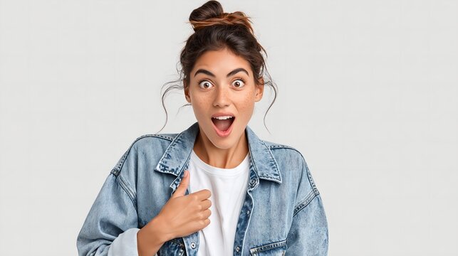 Young woman stares in amazement, hand near chest. Her eyes widen, mouth drops open