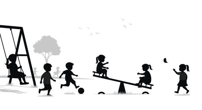 Children playing on a swing set and a seesaw while another kicks a ball in a grayscale park environment illustrated in a flat minimal vector art style on white.