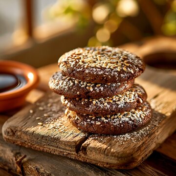 Stack of dibs el kharroub biscuits with sesame seeds on wood
