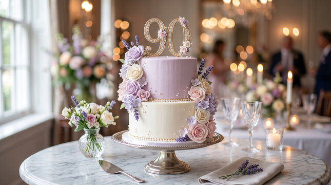 Two tiered lilac and cream 90th birthday cake with roses and lavender on marble table