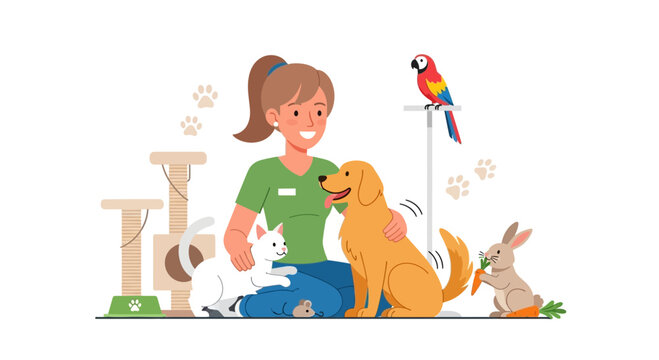 Happy Pet Caregiver with Dog, Cat, Rabbit, and Parrot in Bright Illustration Style