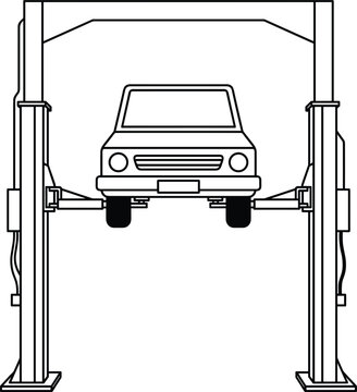 Car lift in auto repair garage with vehicle raised on hydraulic hoist detailed vector outline illustration for maintenance service