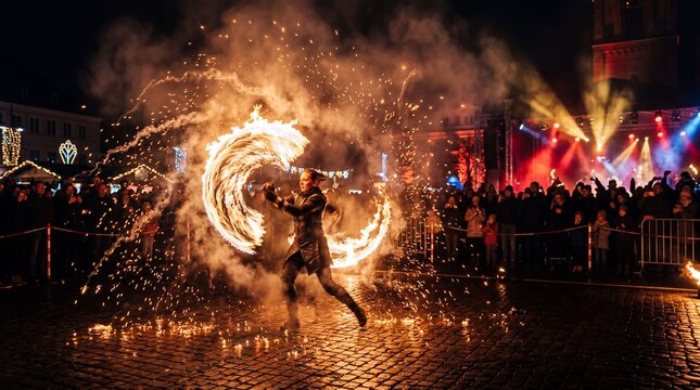 Fire performer spinning flaming poi in dramatic night street show sparks flying crowd watching festive atmosphere celebration energy excitement outdoor event city square