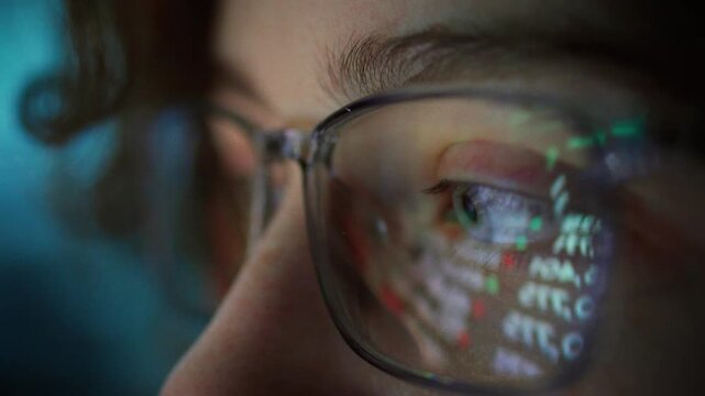 Under the night sky, a young female trader watches the stock market pulse on her screen, real-time numbers flickering and reflecting in her glasses as she tracks stock movement with focused intensity