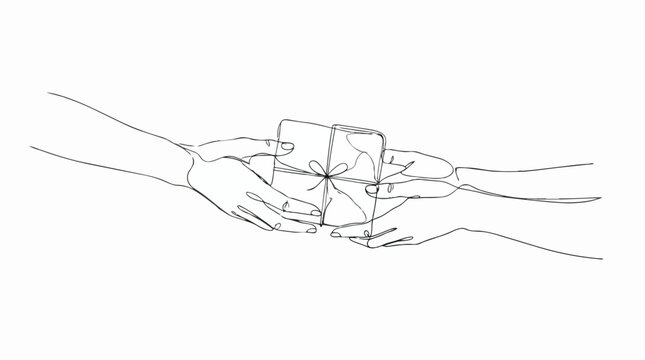 Continuous line drawing of hands exchanging a gift box with a ribbon bow, symbolizing giving and receiving presents, celebration, and generosity
