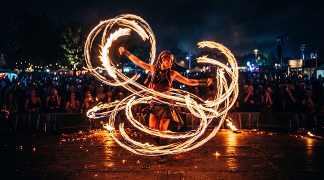 Fire dancer performing with flaming poi at night festival, energetic crowd in background, dramatic light trails, outdoor celebration, vibrant atmosphere, excitement and skillful movement