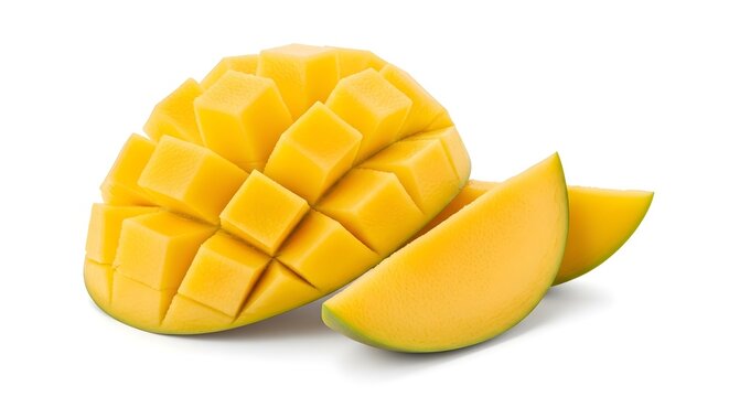 Freshly cut mango fruit with slices on white background, healthy eating concept with vibrant yellow color