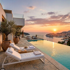 Fototapeta premium Infinity pool with sunset coastal view 