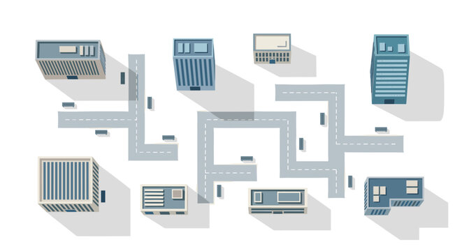 A top-down bird's-eye view shows various commercial buildings with long shadows organized along a gray road network in a minimalist flat graphic map design.