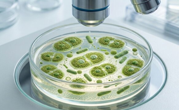 Microscope lens focused on petri dish with green dividing cells biology experiment