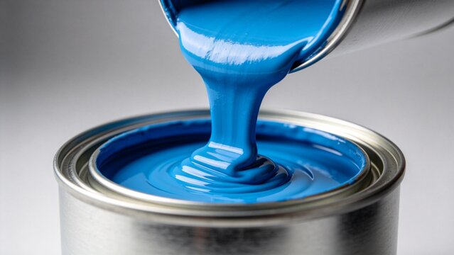 Blue paint being poured into a can