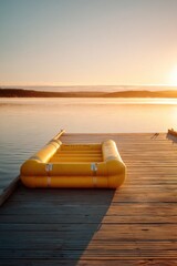 Fototapeta premium Yellow inflatable boat resting on wooden dock at sunrise. Calm lake view with morning mist and golden light. Concept of outdoor travel, water adventure, peaceful holiday and nature.