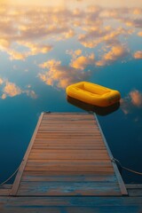 Fototapeta premium Yellow inflatable boat floating on calm lake water near a rustic wooden pier. Peaceful scenic view of sunset sky reflection in the pond. Summer vacation and leisure travel concept.