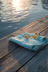Fototapeta premium Swimming goggles resting on a soft towel on a wooden dock by the water. Recreational sports equipment after a swim session. Summer vacation leisure activity in the outdoors at sunset.