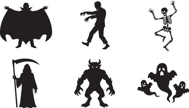 Halloween icons, black silhouettes, creepy characters, monster symbols, 6 pcs