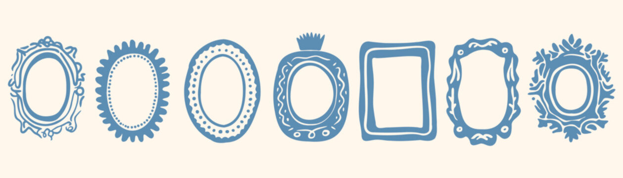Set of decorative oval and rectangular frames in blue ink doodle style: ornate vintage borders with floral, crown, lace and baroque motifs for coquette aesthetic design