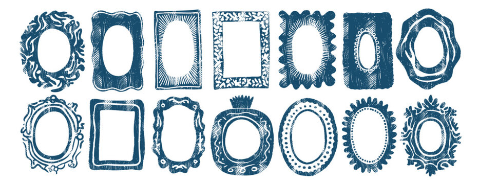 Set of hand-drawn decorative frames and borders: oval, round, rectangle shapes in bold doodle style, vector ink collection isolated on white.