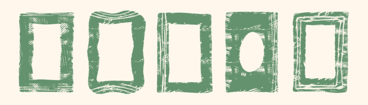 collection of green handdrawn linocut frames and labels with a bold ink texture, featuring naive cottagecore shapes and a coquette aesthetic for elegant vintage vector design elements