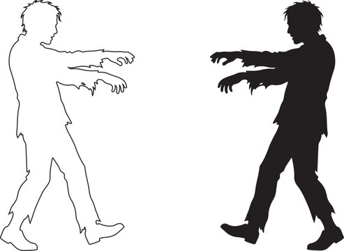 Zombie, monster, silhouette, icons, black and white, vector graphics, 2 zombies, illustrations, clip art