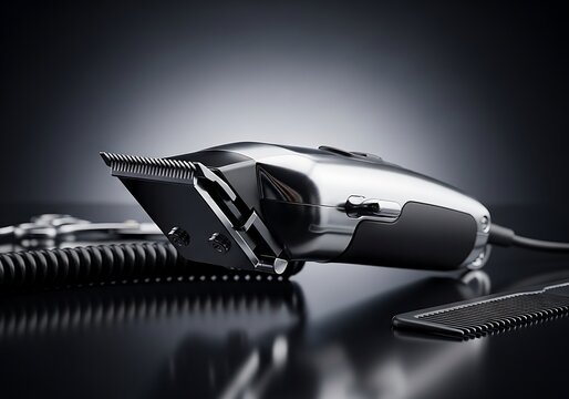 Silver electric hair clipper with black cord and comb on table