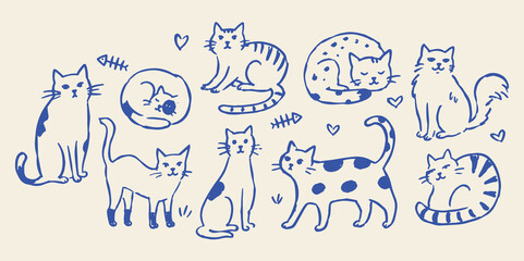 Obraz premium Cat set naive blue sketch pattern vector