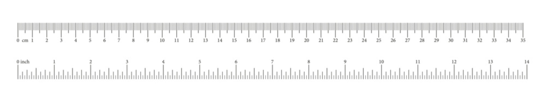 Measuring chart with 35 centimeters, 14 inches. Ruler scale with numbers. Length measurement math, distance, height template. Sewing tool. Metric, imperial units.