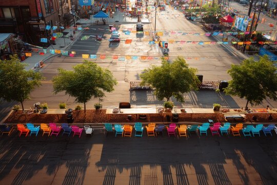 Colorful chairs lined up outside on a street decorated with festive flags for a summer block party. Outdoor urban festival preparation in a city neighborhood at sunrise or sunset.
