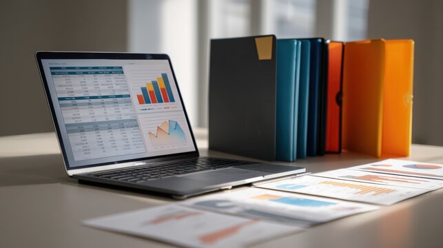 Laptop with financial data charts and folders on office desk. Business accounting report analysis, statistics and corporate project planning. Digital marketing strategy and economy concept.