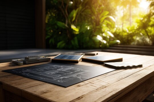 Architect working with solar panel models and building blueprint on wooden table. Renewable energy project planning for sustainable home design. Innovative eco-friendly construction technology.