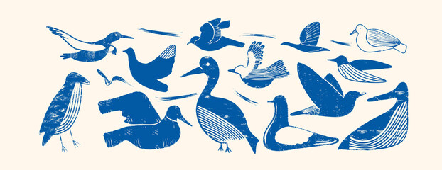 Fototapeta premium Blue linocut waterbird set — hand-printed silhouettes of pelican, heron, seagull and shorebirds with bold woodcut texture, ideal for coastal, nautical or nature design