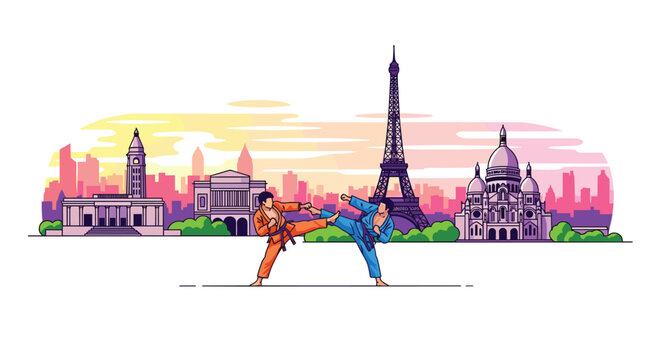 Martial artists in orange and blue uniforms perform a high kick move in front of the Eiffel Tower and Parisian monuments under a soft sunset.