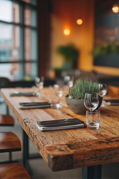 Empty wooden restaurant table set with wine glass and napkin. Dining concept in cozy cafe interior. Elegant table arrangement for dinner service, restaurant business and gastronomy.