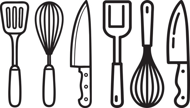 Minimalist kitchen utensils vector set, black line art cooking tools collection, professional chef knives and whisks icons, culinary equipment for restaurant menus