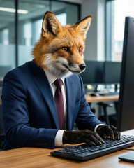 Fototapeta premium Professional photorealistic portrait of a red fox in a navy business suit actively typing on a keyboard with blurred corporate office background
