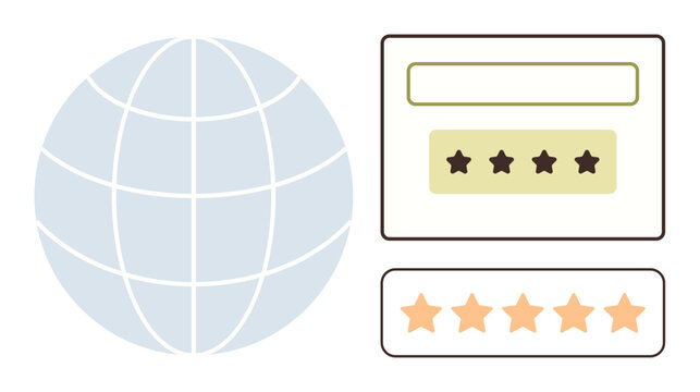 Customer feedback, reputation management, online reviews, quality , user satisfaction, ratings. Globe outlines and star ratings display. Customer feedback and reputation management concept