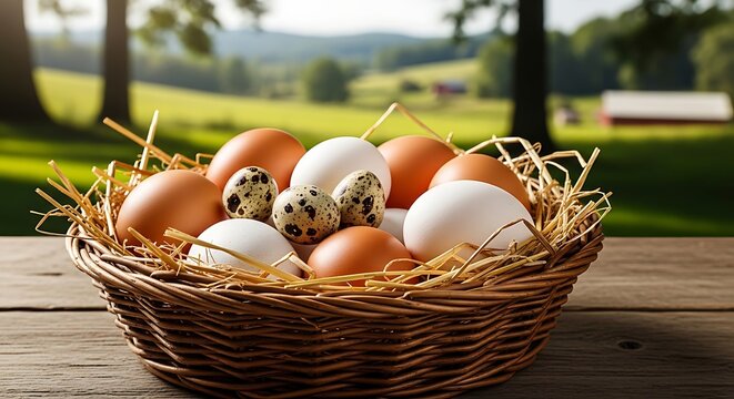 Assorted eggs in wicker baskets, including chicken eggs, quail eggs, and a speckled egg