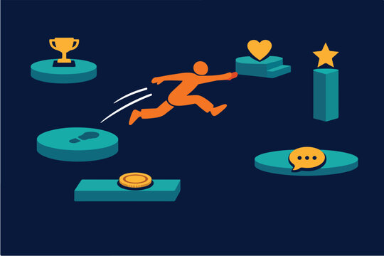 FOMO Concept with Person Jumping Between Floating Islands Representing Fear of Missing Opportunities Illustration