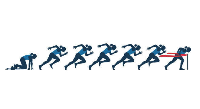 A series of blue silhouettes depicts a female athlete in various stages of a sprint, starting from the crouched blocks and ending with the finish line ribbon.