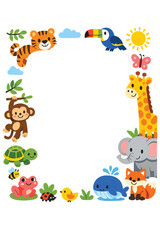 Fototapeta premium Colorful cartoon animals border frame with jungle wildlife
