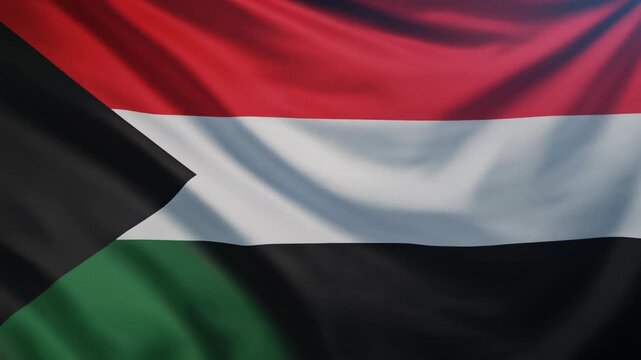 "Sudan flag with red, white, black stripes and green triangle, symbolizing heritage, unity, resilience, and national identity."