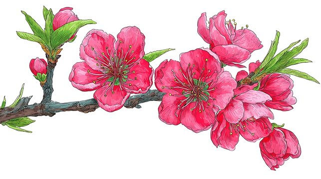 Bright pink cherry blossom flowers with green leaves on a branch isolated on white background