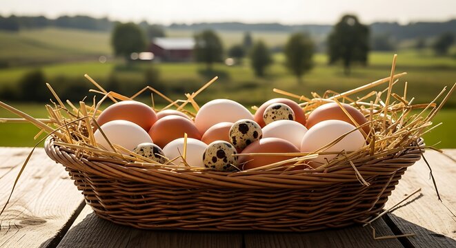 Assorted eggs in wicker baskets, including chicken eggs, quail eggs, and a speckled egg